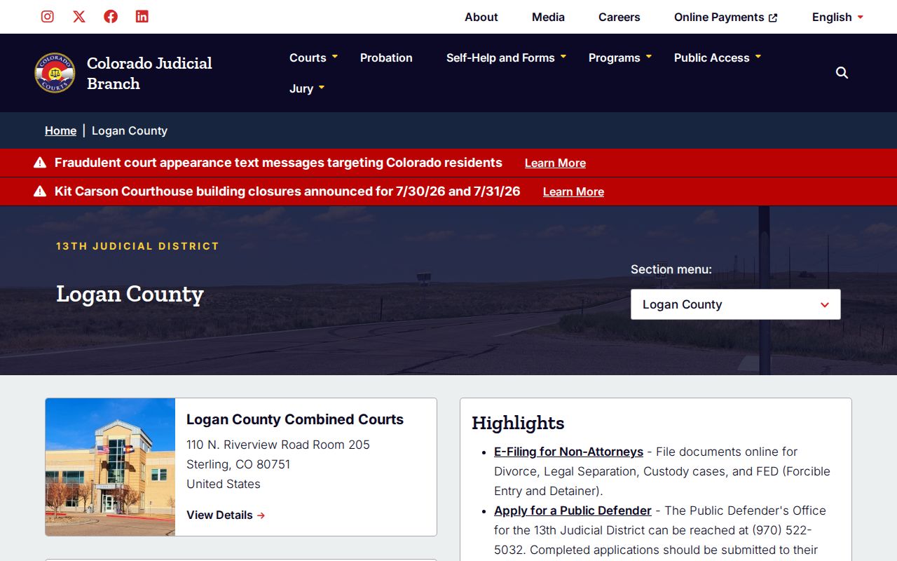 Logan County court records Colorado Judicial Branch Logan County court page