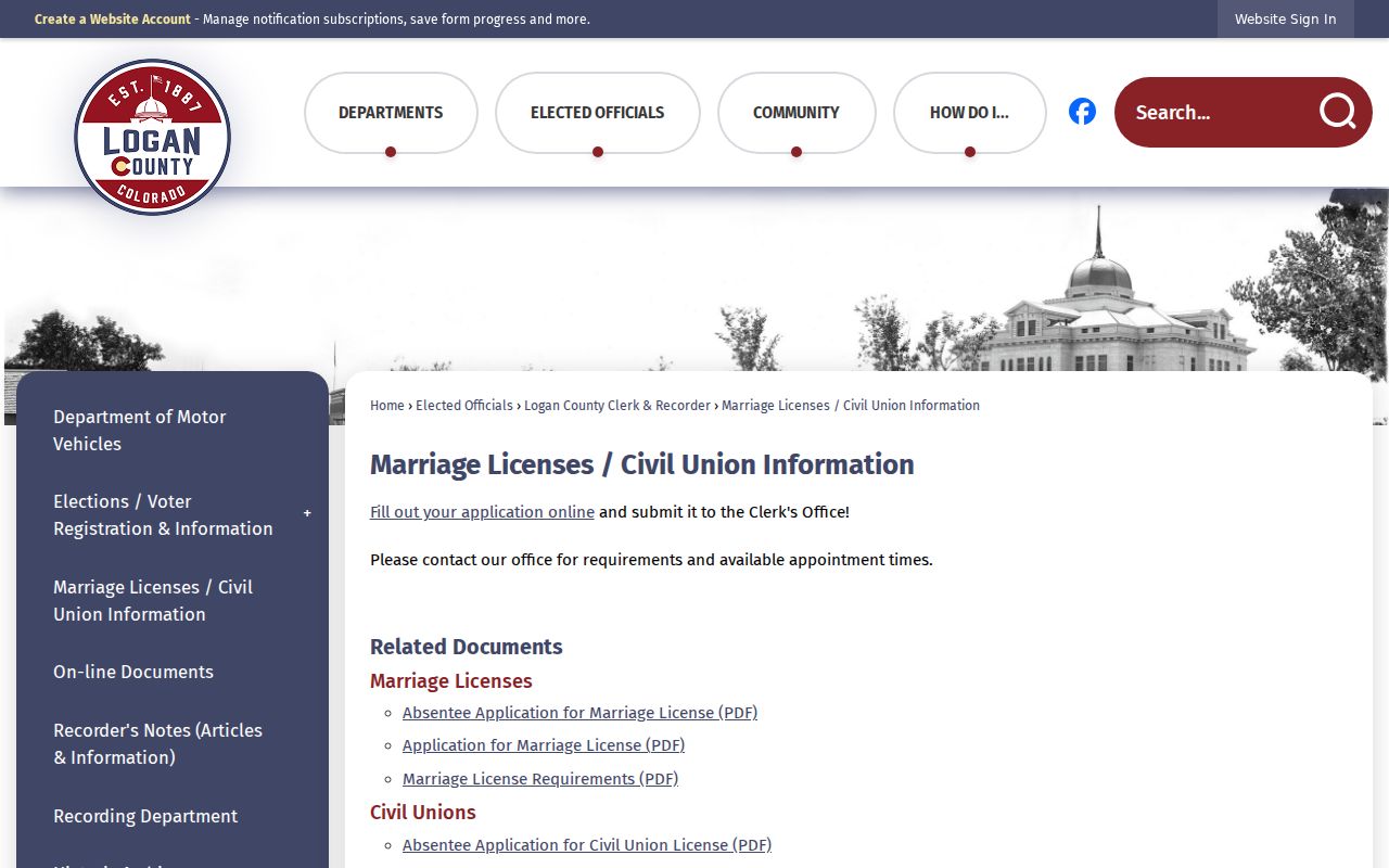 Logan County marriage records and civil union application page